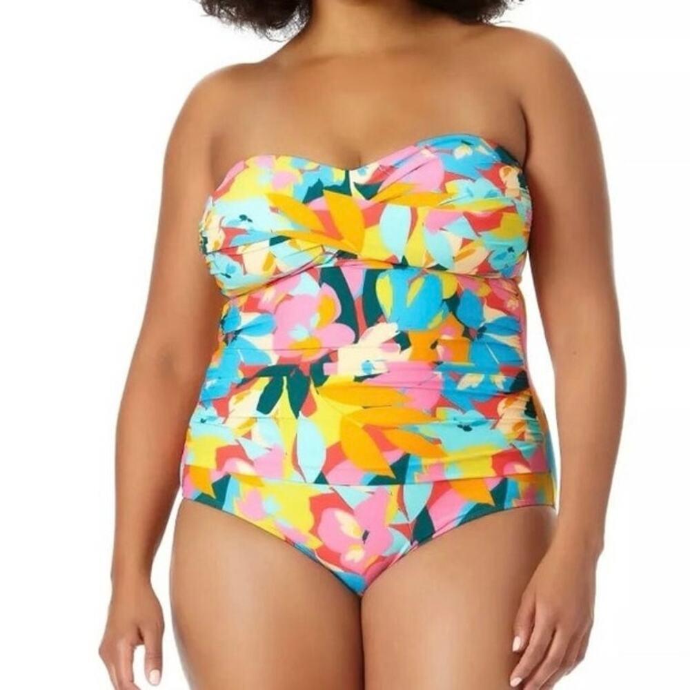 Anne Cole PLUMERIA MULTI Twist-Front Strapless One-Piece Swimsuit, US 20 EUC